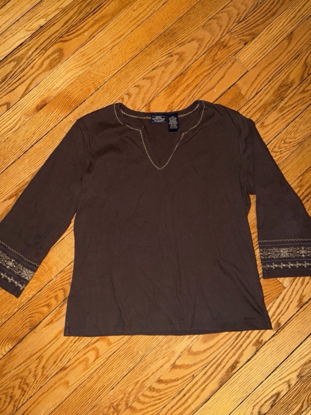Sonoma Brown Long-Sleeve Top with Embroidered Cuffs